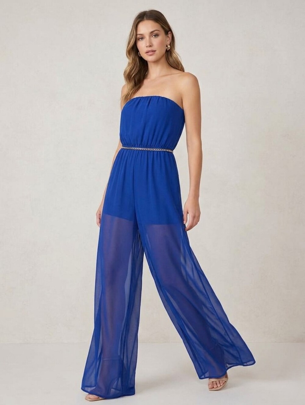 New Iris Strapless Royal Blue Sheer Wide-Leg Jumpsuit